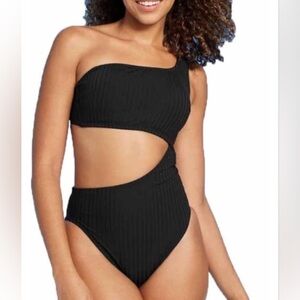 Shade & Shore - Black Ribbed One-Shoulder Bikini